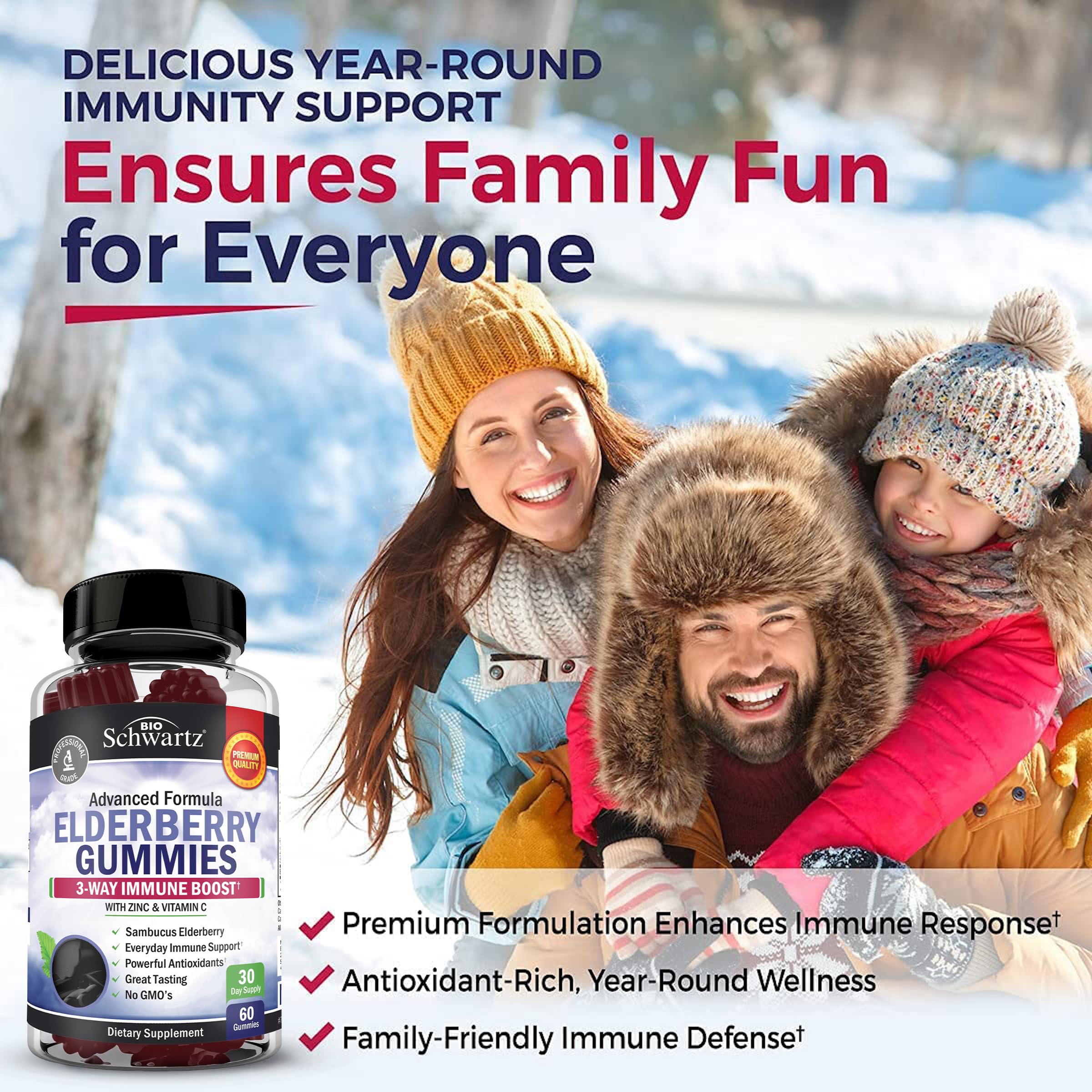 BioSchwartz Elderberry Gummies bottle back label showing ingredients and testing info.