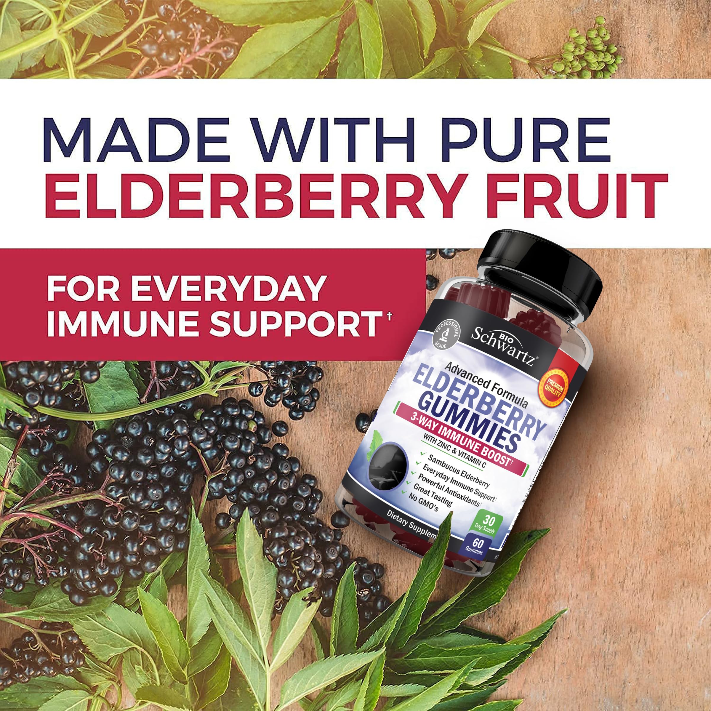 BioSchwartz Elderberry Gummies vegan and non-GMO icon indicating dietary compatibility.