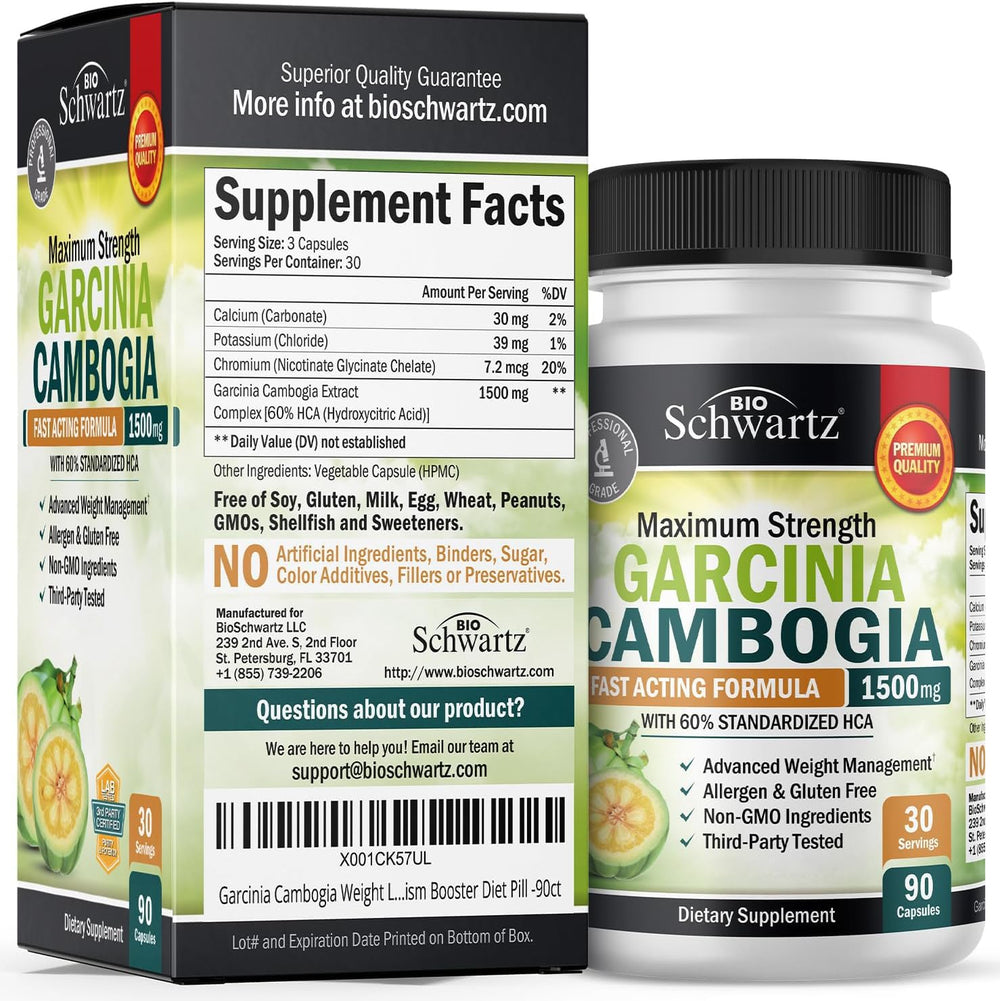 BioSchwartz Garcinia Cambogia bottle with glass illustrates easy intake with a meal.