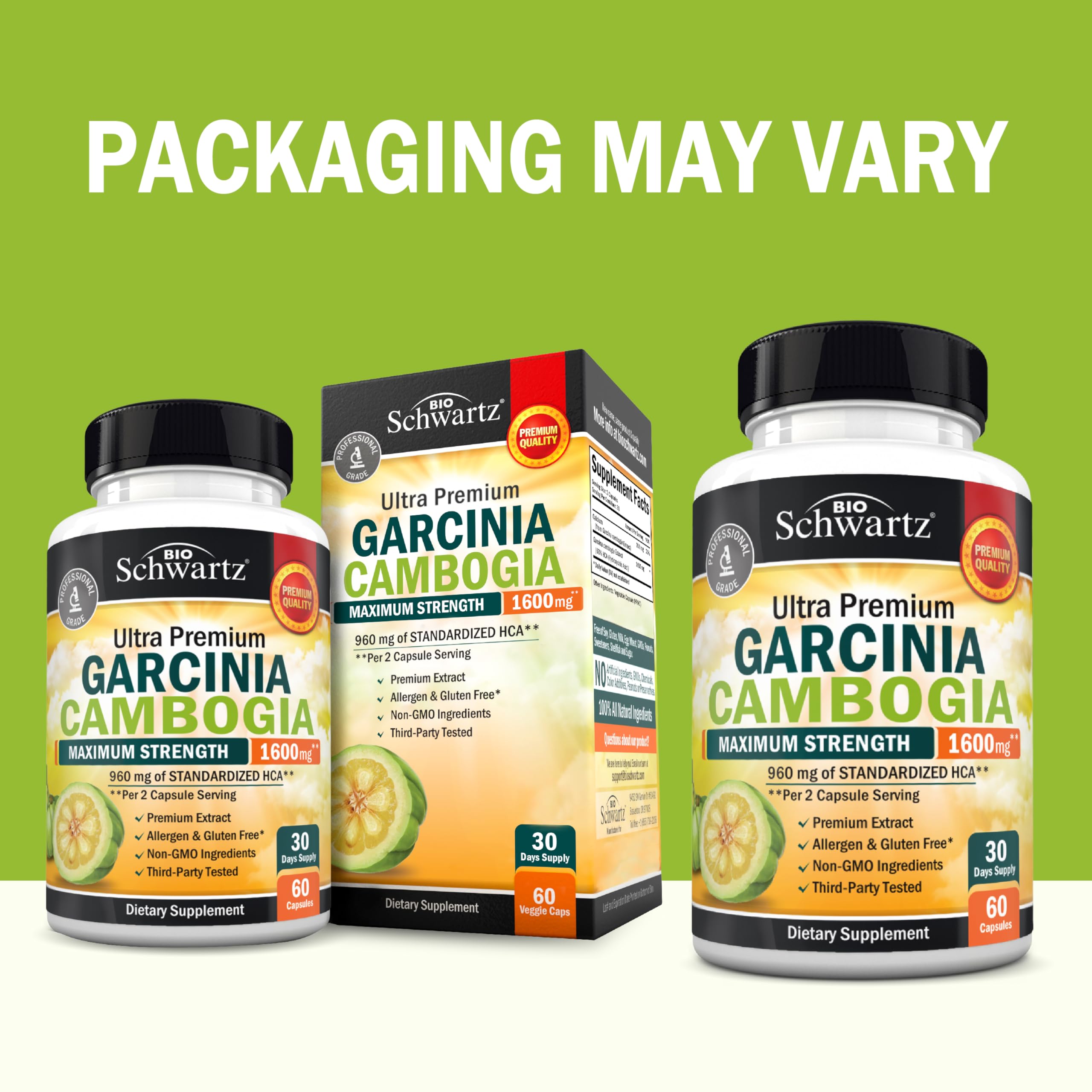 BioSchwartz Garcinia Cambogia capsules closeup highlighting 960mg HCA support in a daily regimen.