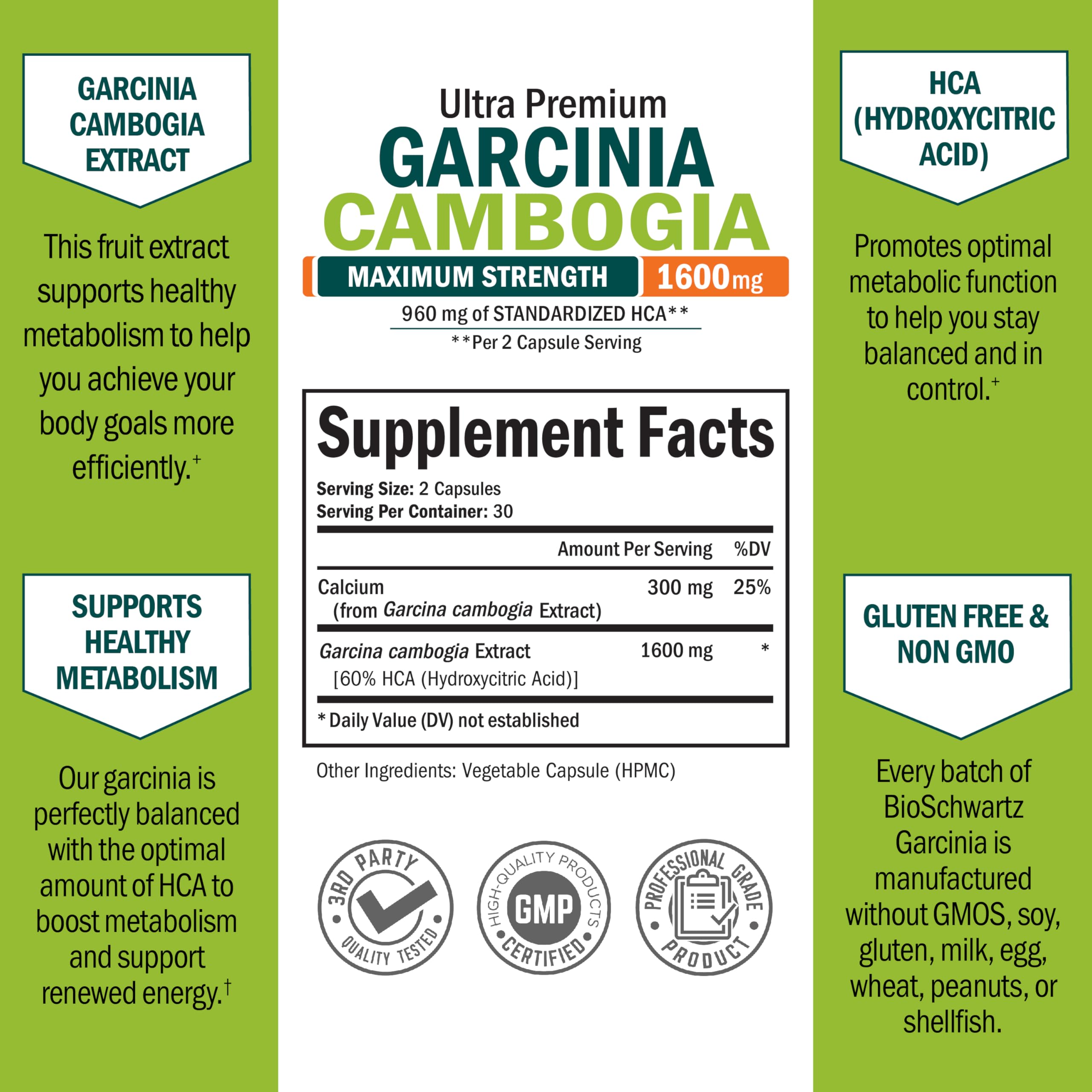 BioSchwartz Garcinia Cambogia label detail emphasizing natural ingredients and high purity.
