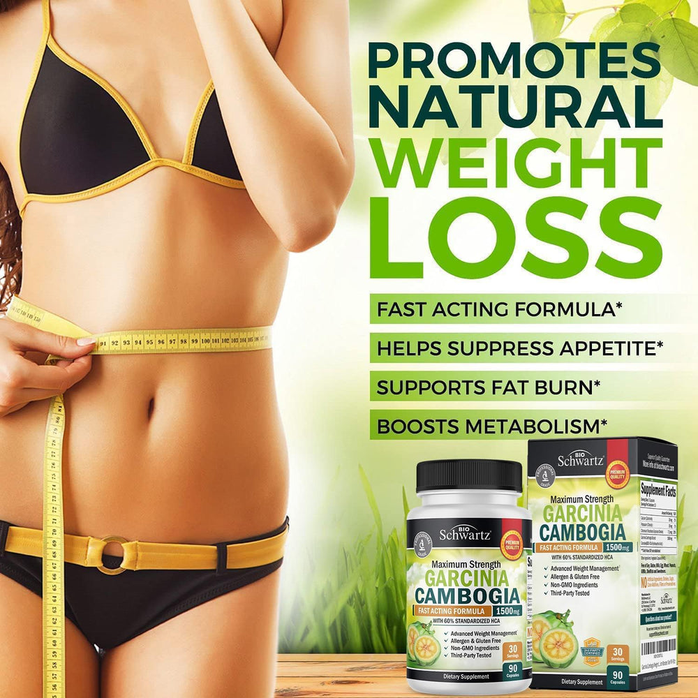 BioSchwartz Garcinia Cambogia packaging flatlay presents clean, GMP-ready supplement packaging.