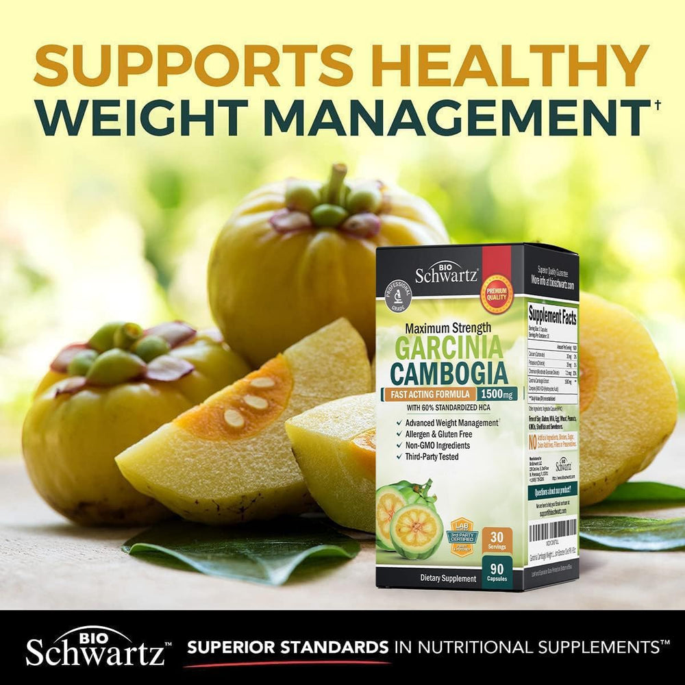 BioSchwartz Garcinia Cambogia US GMP facility badge emphasizes safety and quality standards.