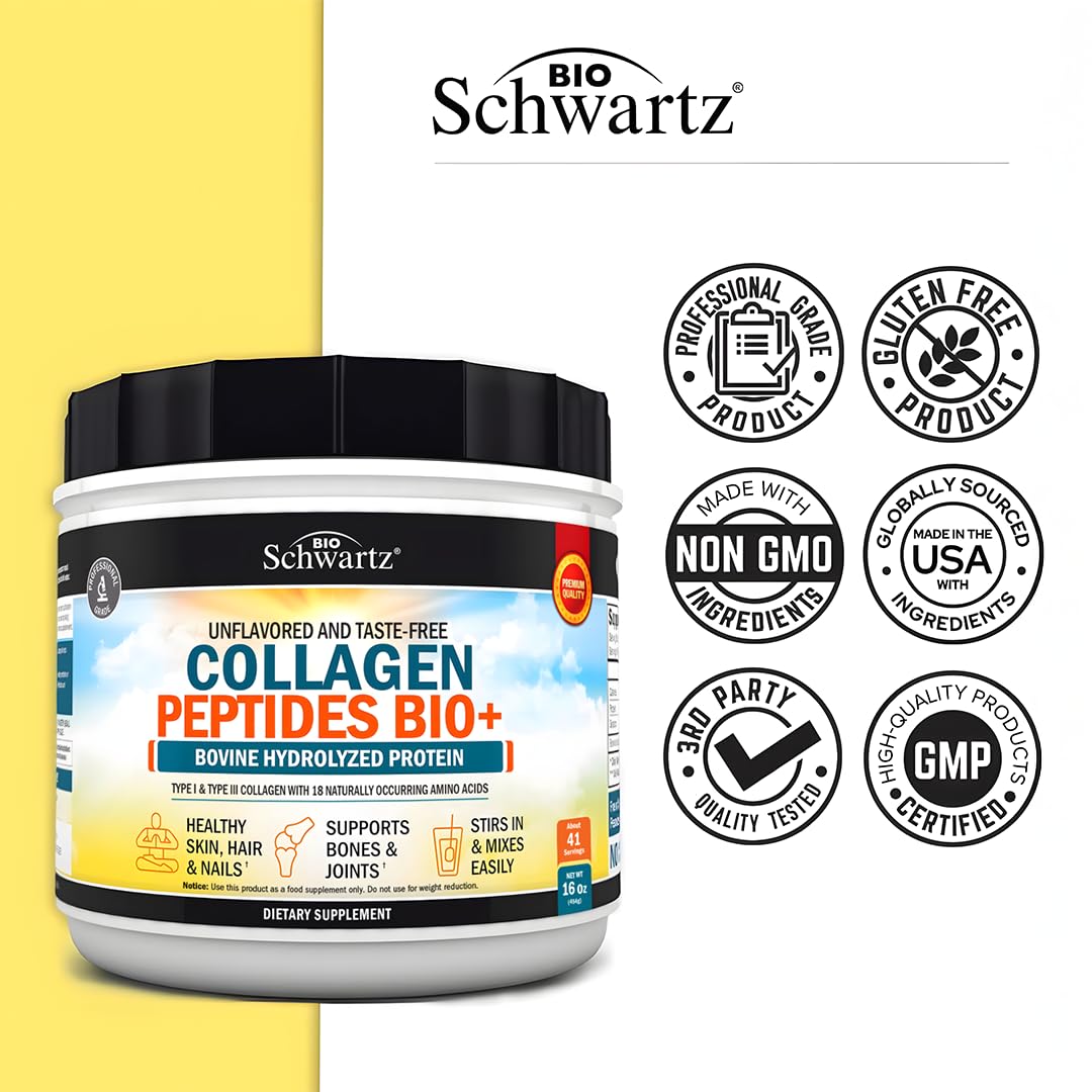 BioSchwartz grass-fed collagen packaging with clean label and third-party testing.