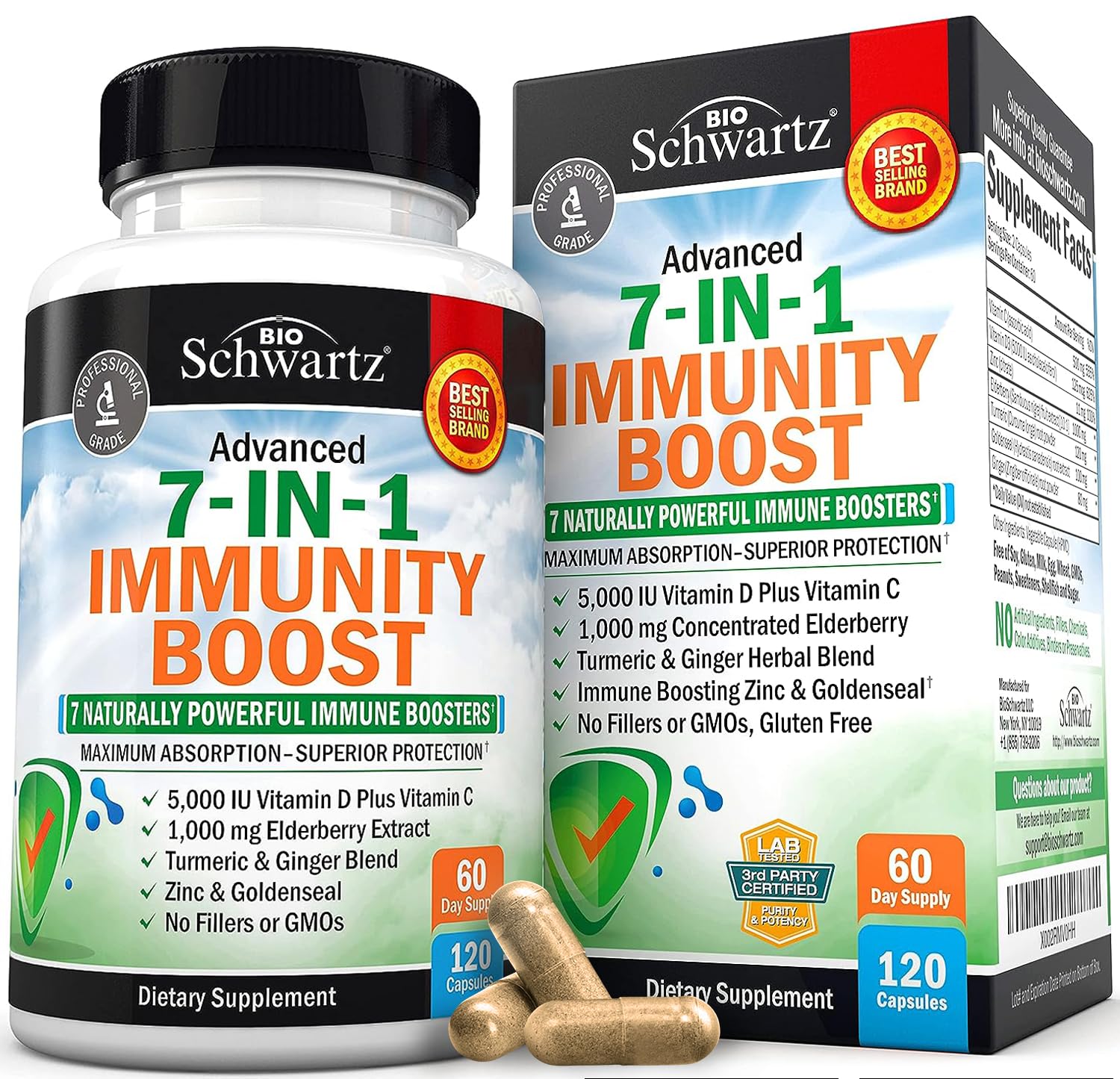 BioSchwartz immune-support bottle front highlighting the 7-in-1 formula for daily wellness