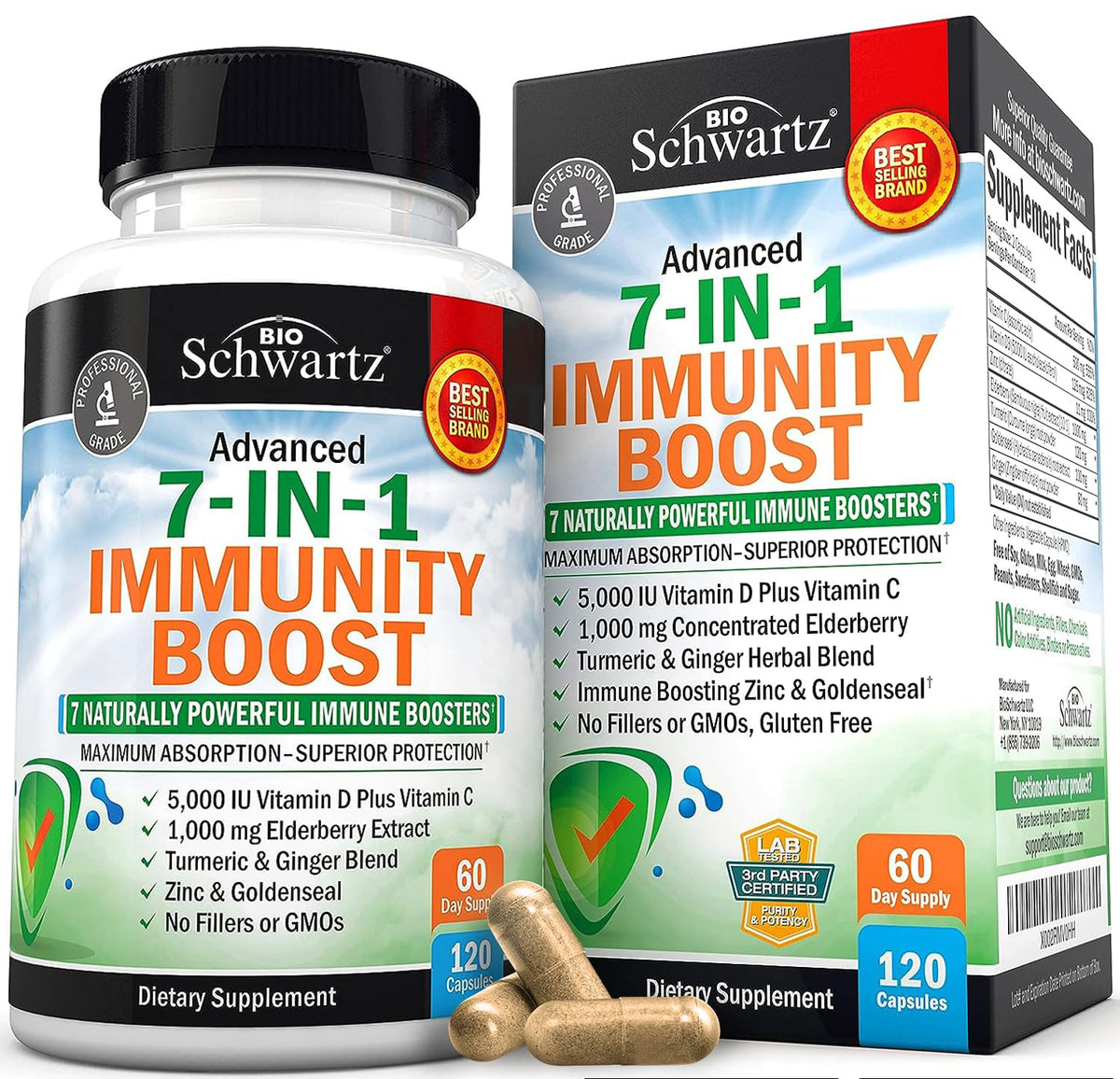 BioSchwartz immune-support bottle front highlighting the 7-in-1 formula for daily wellness