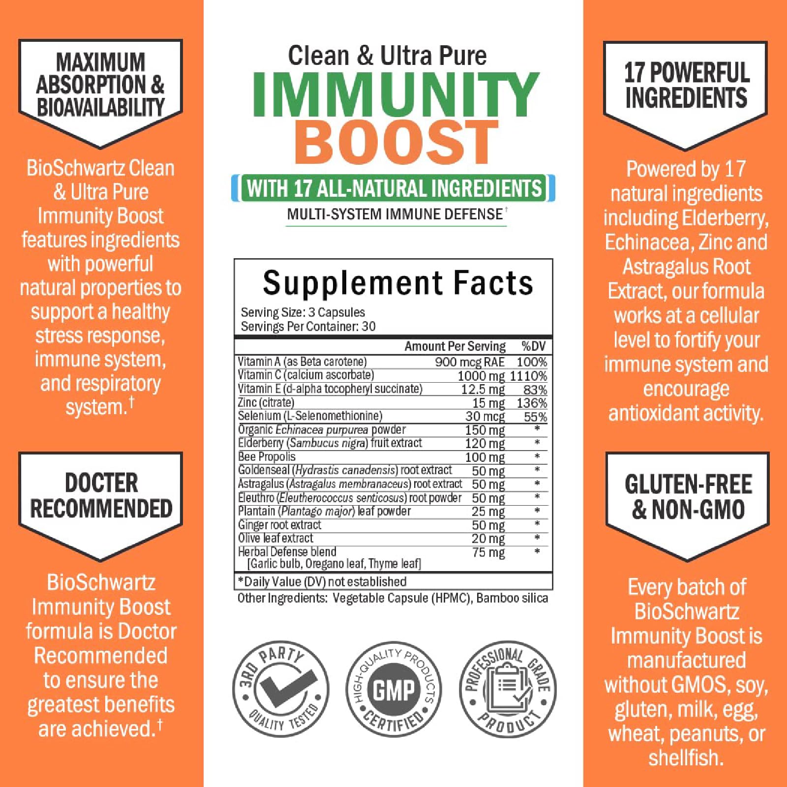 BioSchwartz immune support capsules side view, compact daily capsules