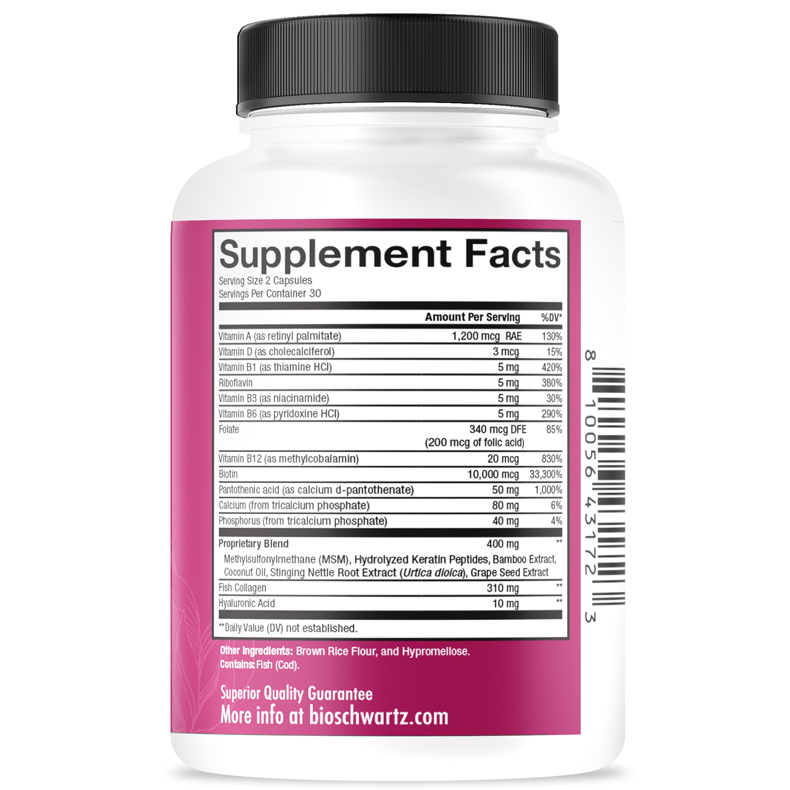 BioSchwartz ingredients-list-on-label closeup emphasizing premium nutrients.