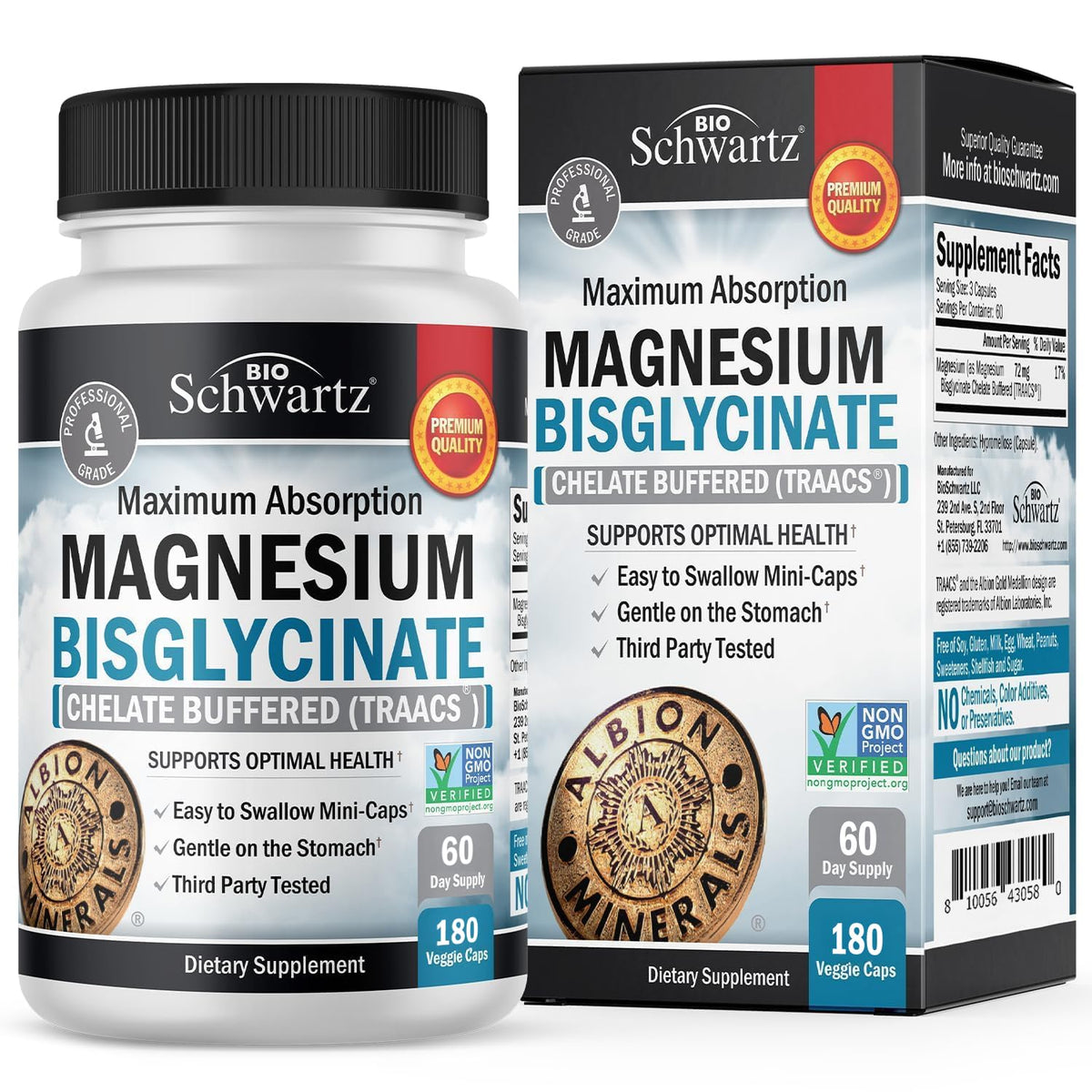 BioSchwartz Magnesium Bisglycinate mini capsules closeup emphasizing easy swallowing