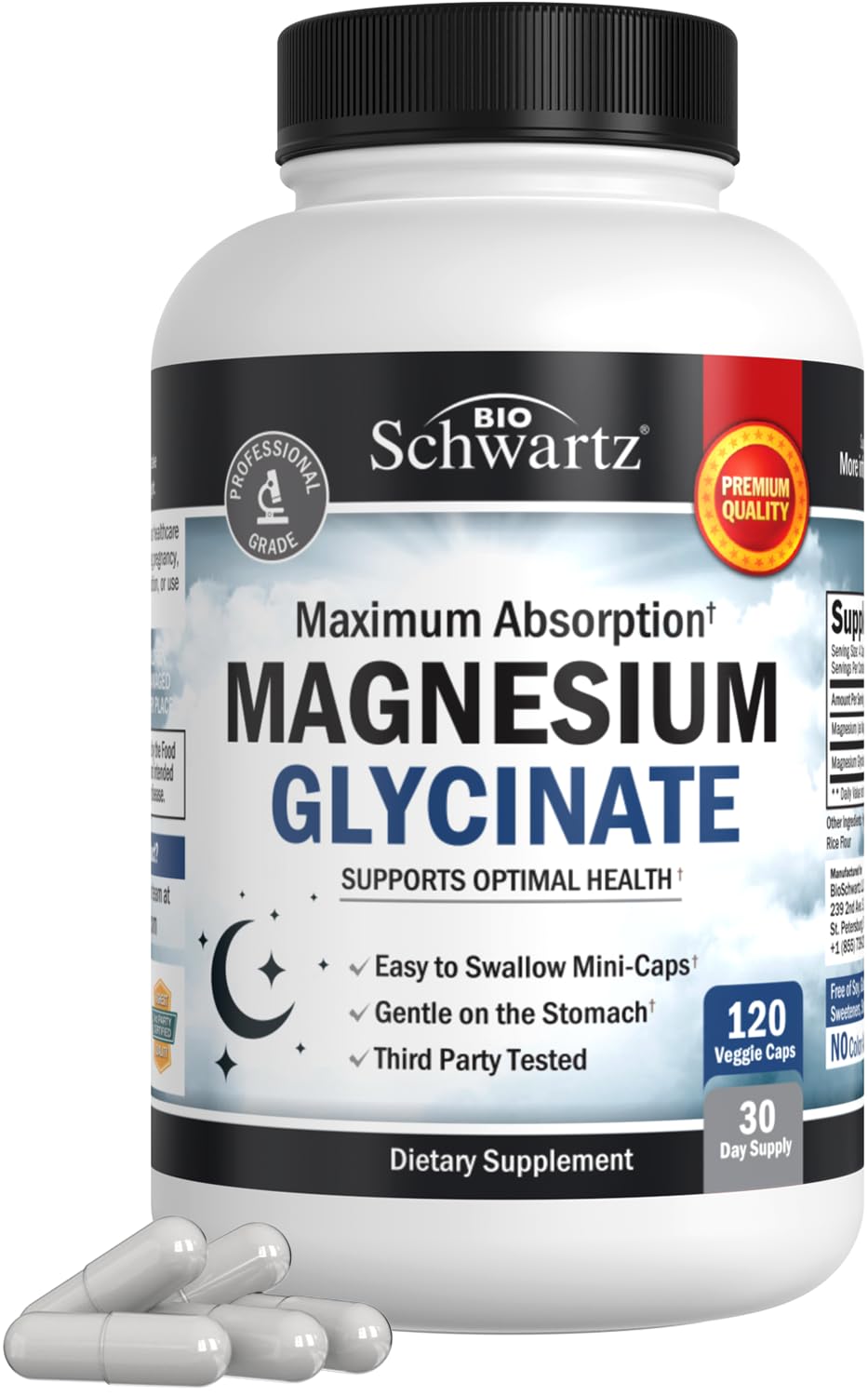 BioSchwartz Magnesium Glycinate 500mg capsules front view highlighting absorption potential