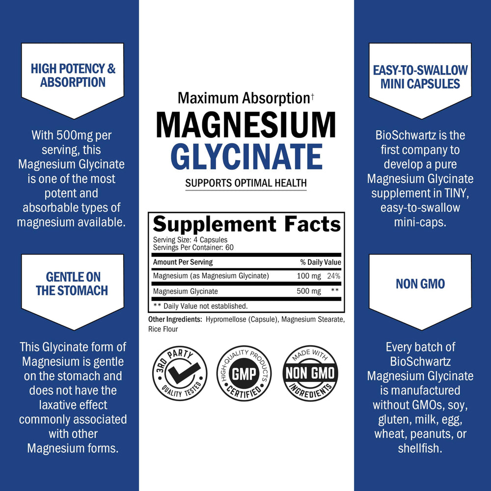 BioSchwartz Magnesium Glycinate label close-up highlights potency and third-party testing