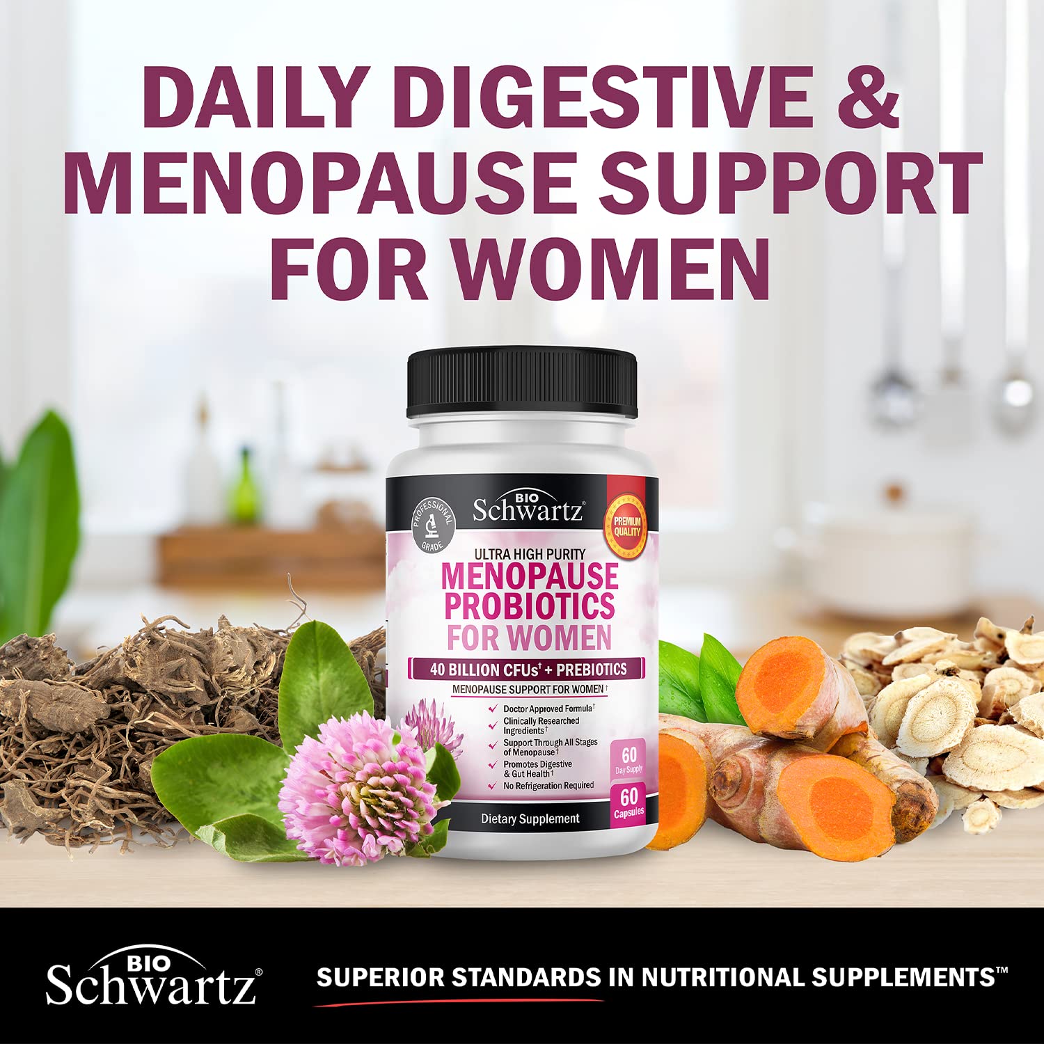 BioSchwartz menopause non-GMO badge indicating soy, gluten, and dairy-free formula