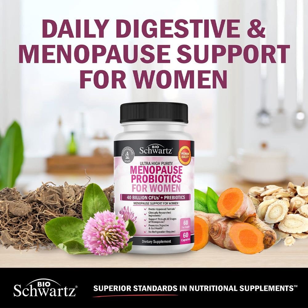 BioSchwartz menopause non-GMO badge indicating soy, gluten, and dairy-free formula