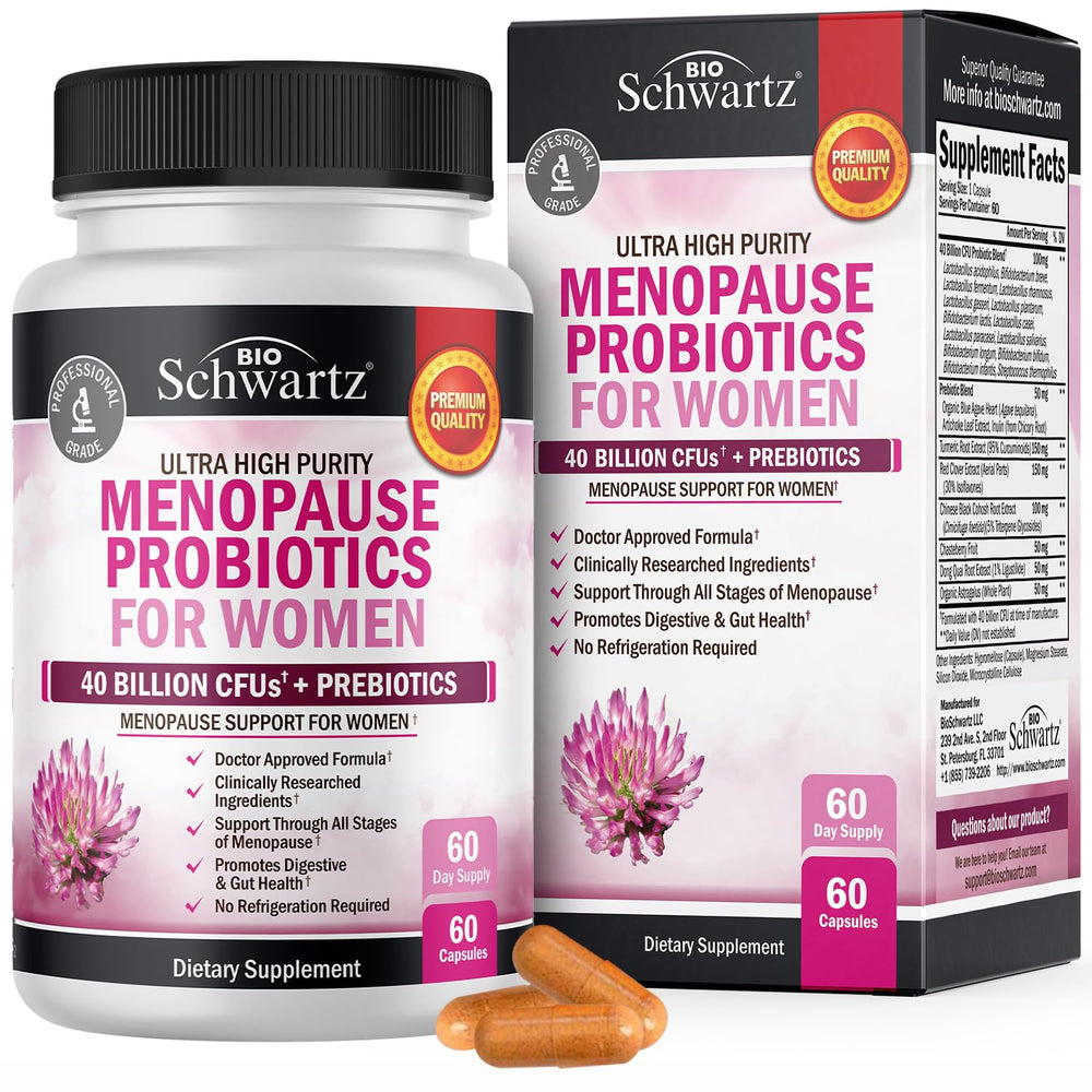 BioSchwartz menopause probiotics bottle front showing 60 servings for mood and digestion support