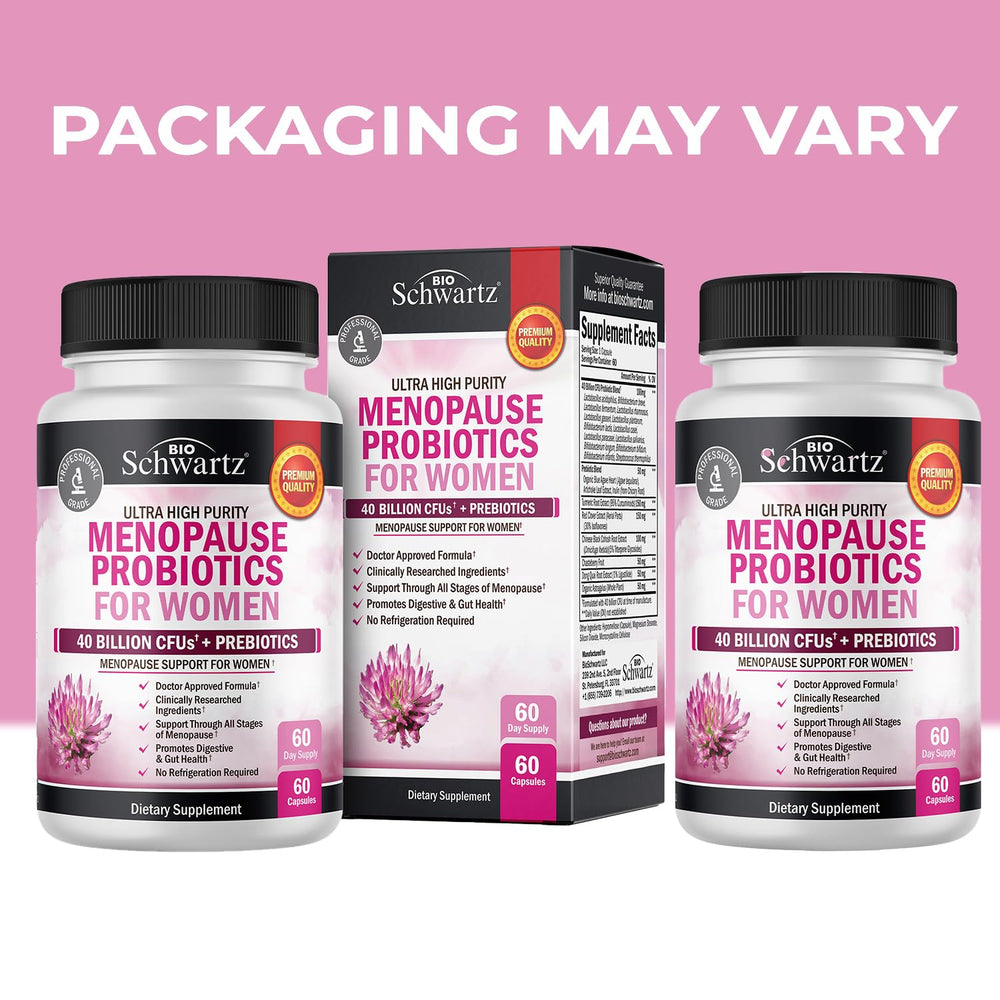 BioSchwartz menopause probiotics capsules closeup highlighting easy one-capsule daily intake