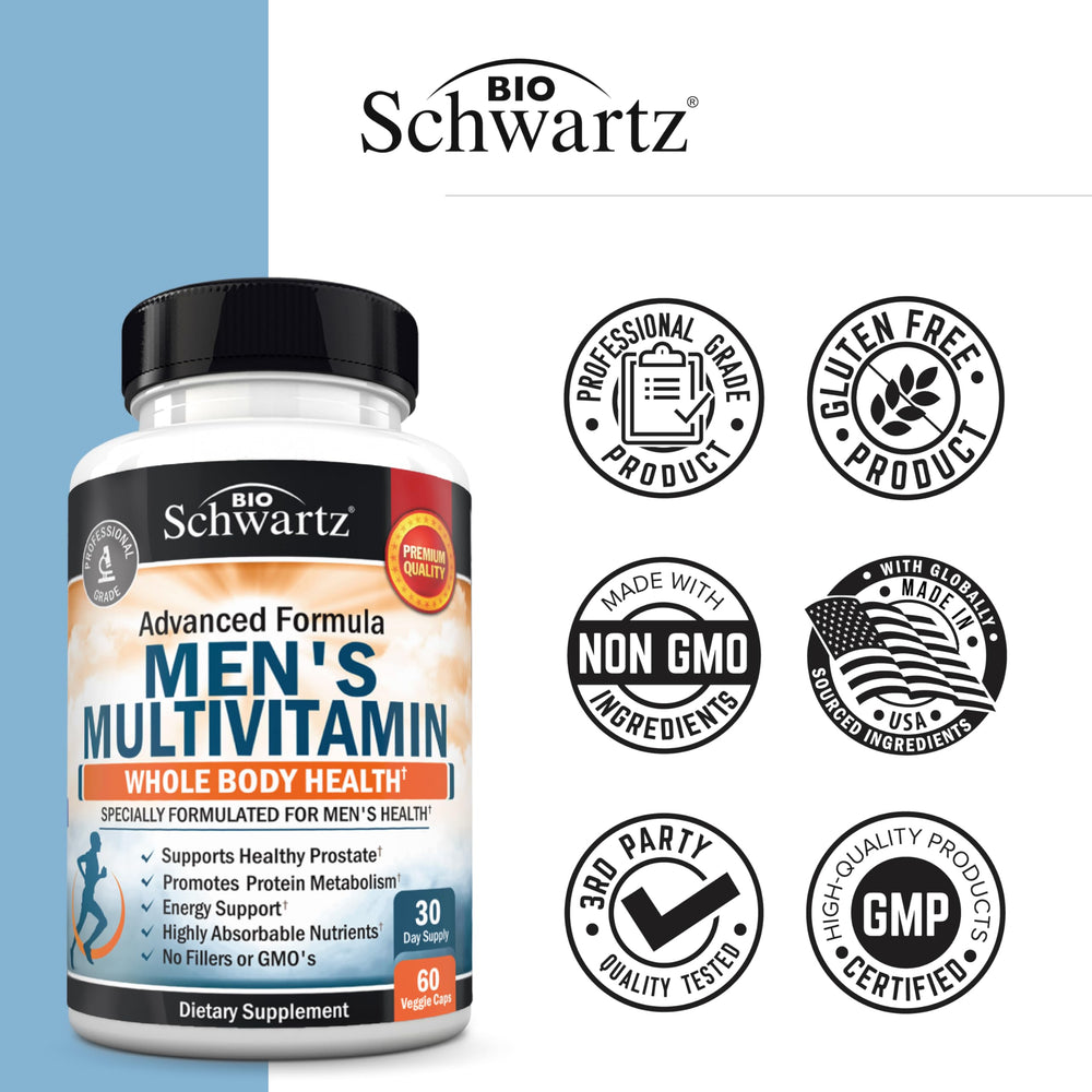 BioSchwartz men's multivitamin packaging on table for convenient daily use