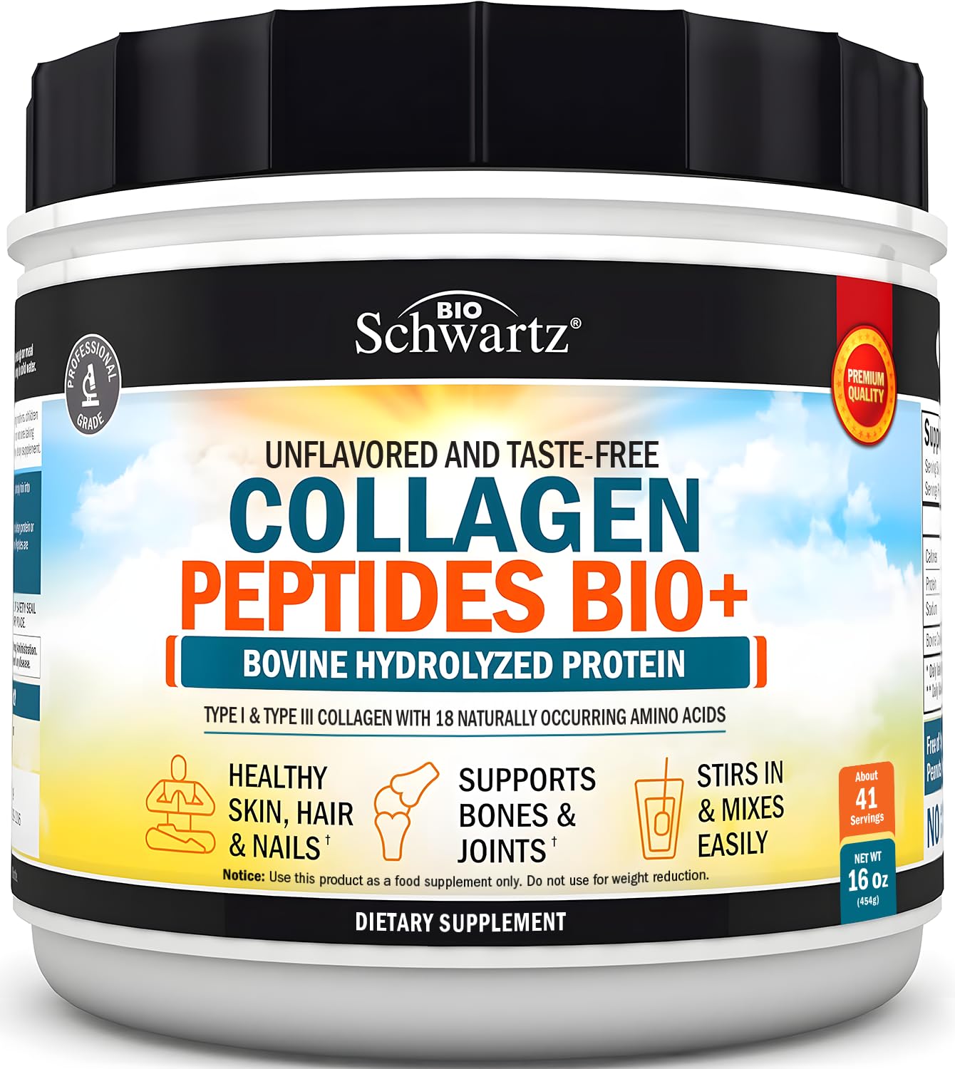 BioSchwartz multi collagen powder bottle promoting smooth skin and joint support.