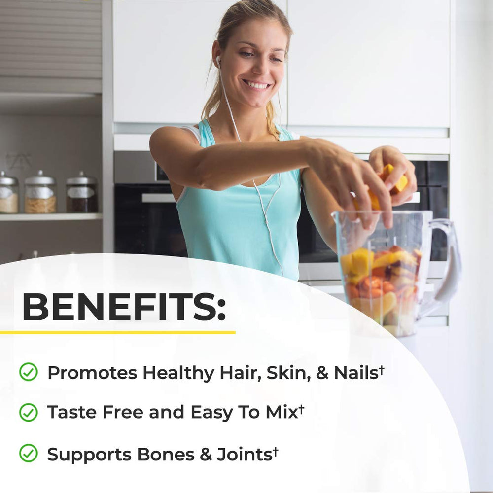BioSchwartz collagen powder in a glass with scoop, easy to mix in beverages.