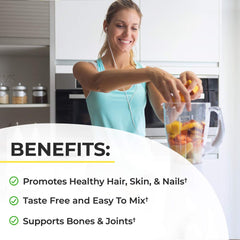 BioSchwartz collagen powder in a glass with scoop, easy to mix in beverages.