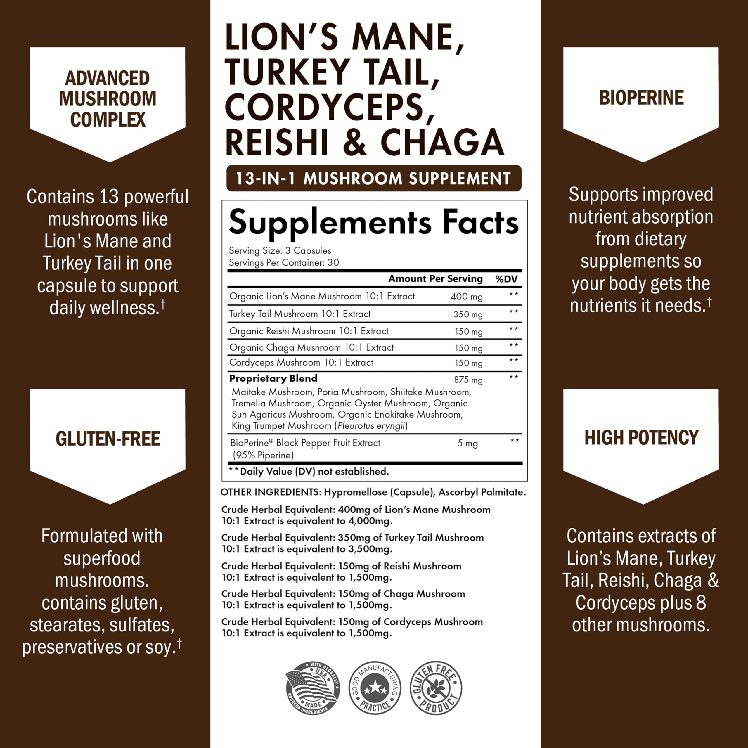 BioSchwartz mushroom blend ingredients close-up featuring Lion’s Mane, Reishi, Chaga, Cordyceps for focus and immune support.