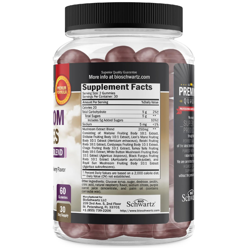 BioSchwartz Mushroom Gummies demonstrating focus and mood benefits.