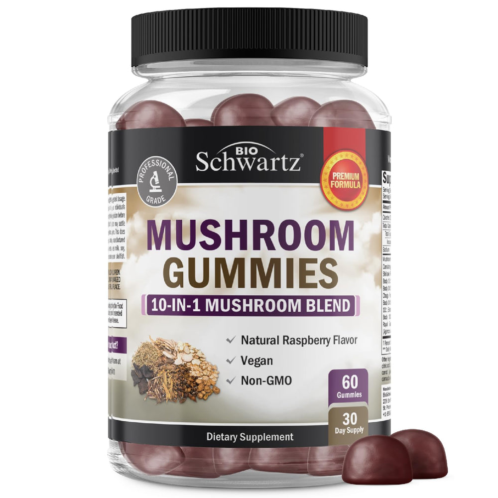 BioSchwartz Mushroom Gummies raspberry bottle closeup for vegan, non-GMO mood and focus support.