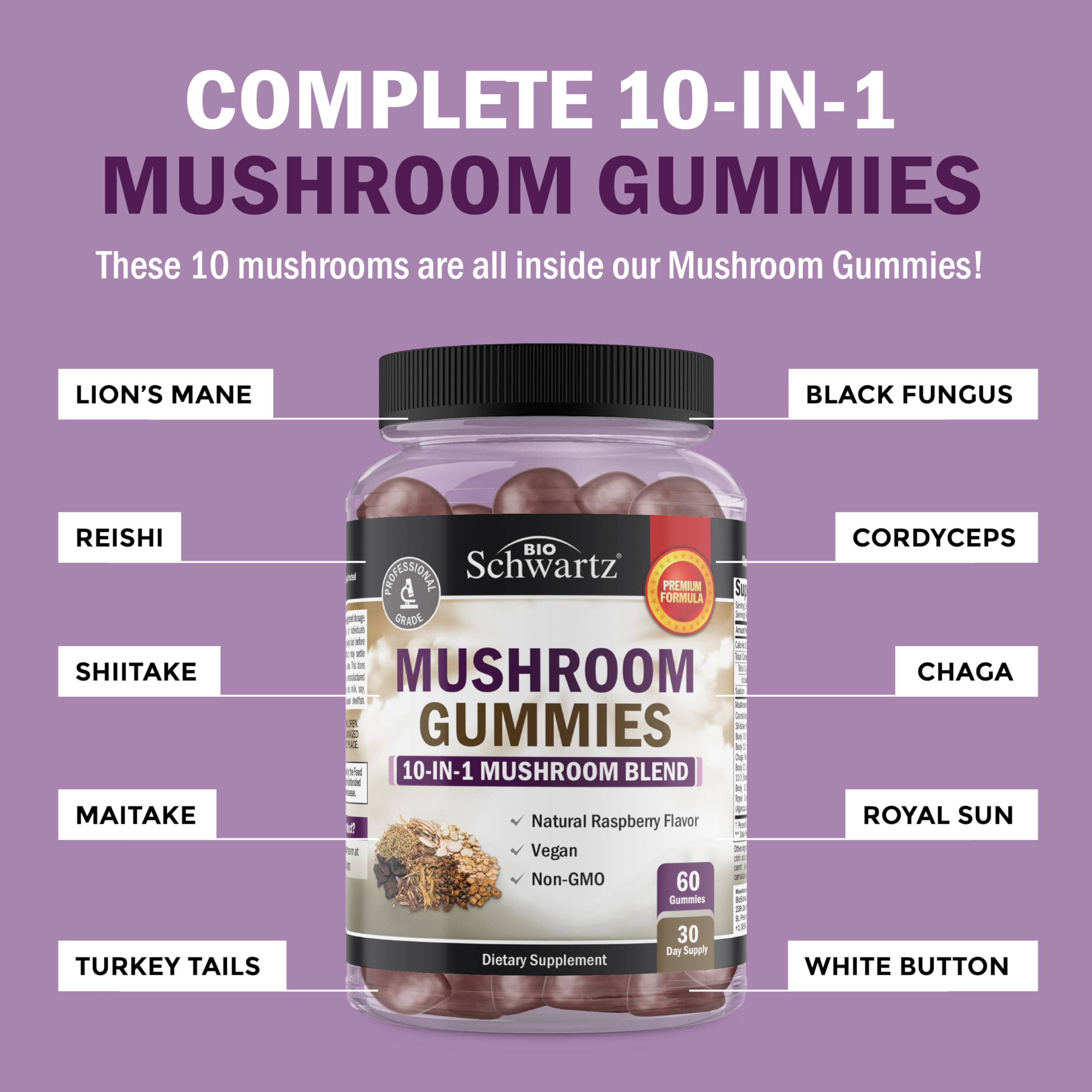 BioSchwartz Mushroom Gummies vegan and non-GMO seal visible.