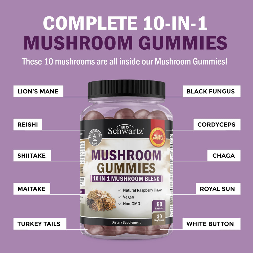 BioSchwartz Mushroom Gummies vegan and non-GMO seal visible.
