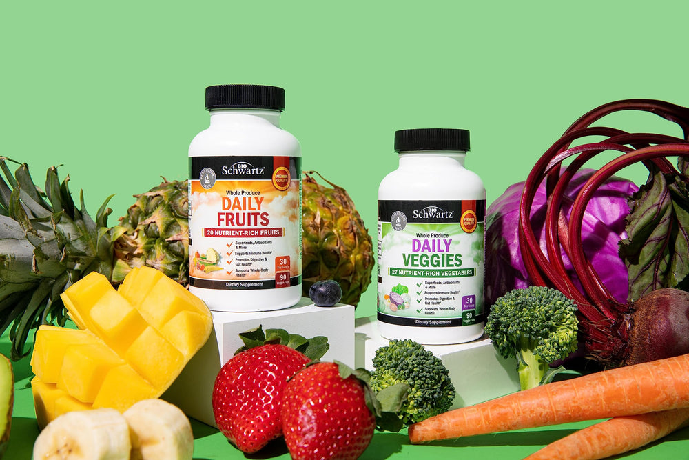 BioSchwartz nutrition label closeup emphasizing gluten-free and third-party testing