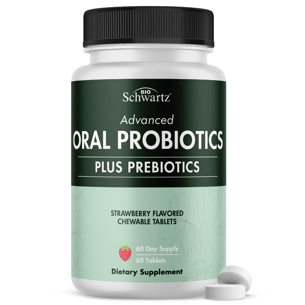 BioSchwartz Oral Probiotics bottle with triple-strain formula supports healthy teeth and fresh breath