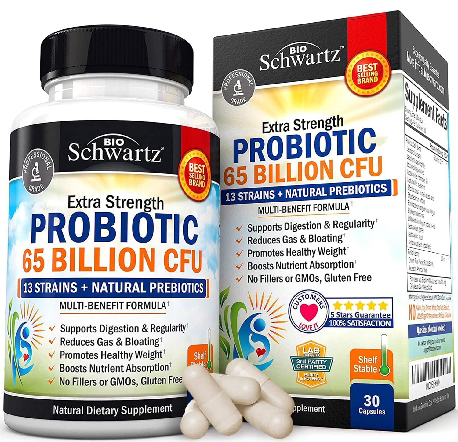 BioSchwartz probiotic 65B CFU bottle capsules for daily digestive support
