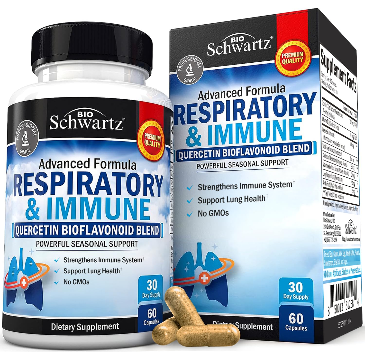 BioSchwartz Respiratory & Immune Support bottle front view promoting respiratory comfort.