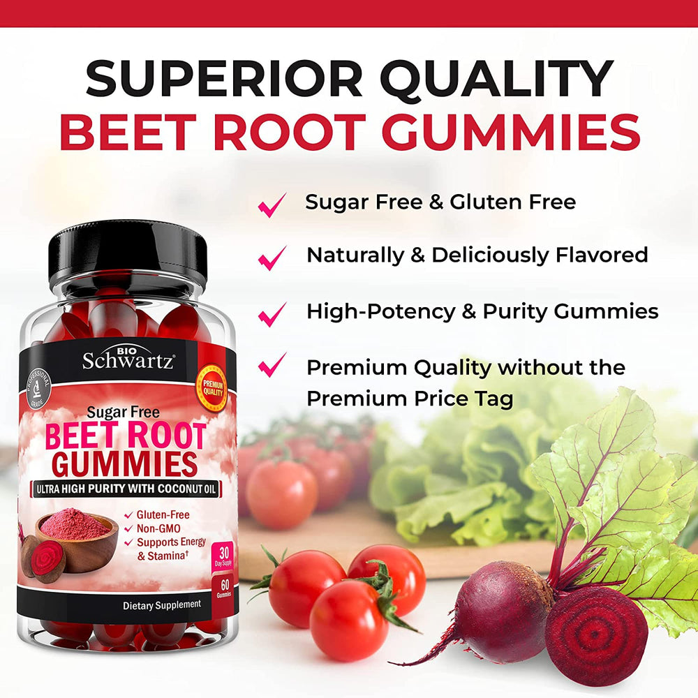 BioSchwartz Sugar Free Beet Root Gummies bottle with coconut oil icon signaling improved absorption.