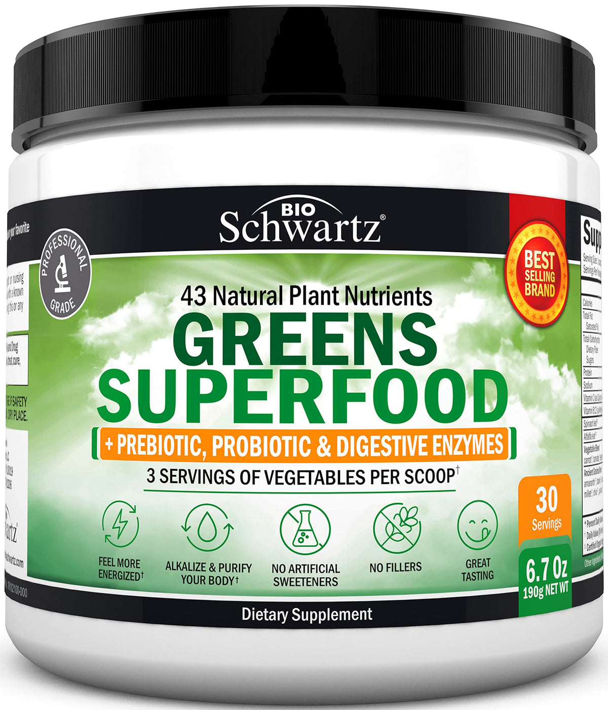 BioSchwartz Super Greens powder bottle front view showing greens blend for daily nutrition