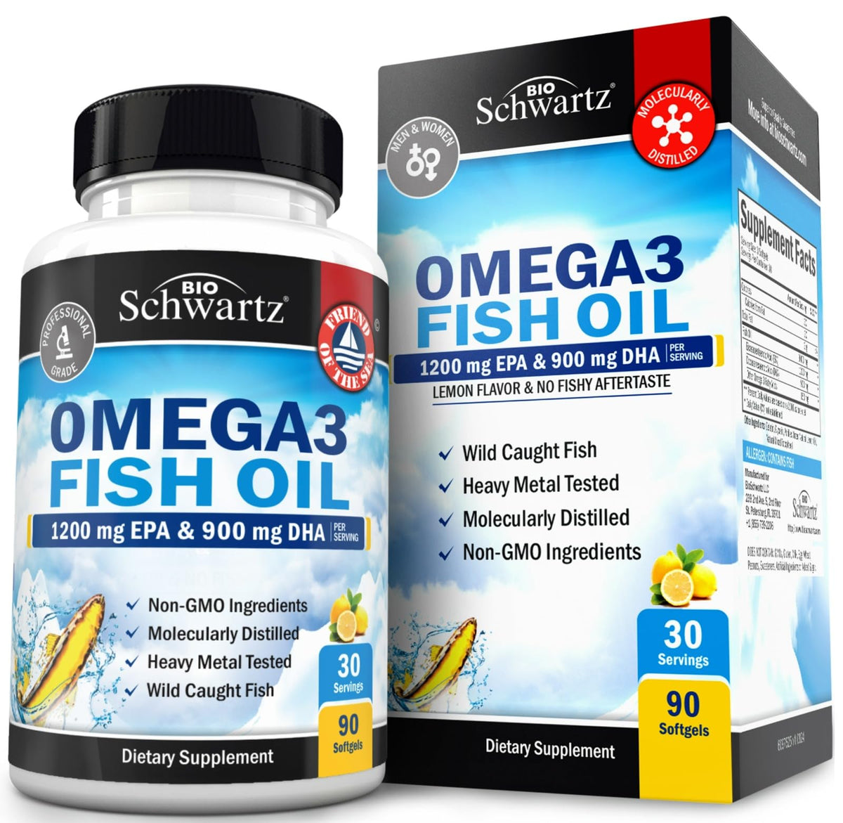 BioSchwartz triple-strength omega-3 bottle with softgels for comprehensive omega-3 support