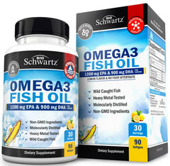 BioSchwartz triple-strength omega-3 bottle with softgels for comprehensive omega-3 support