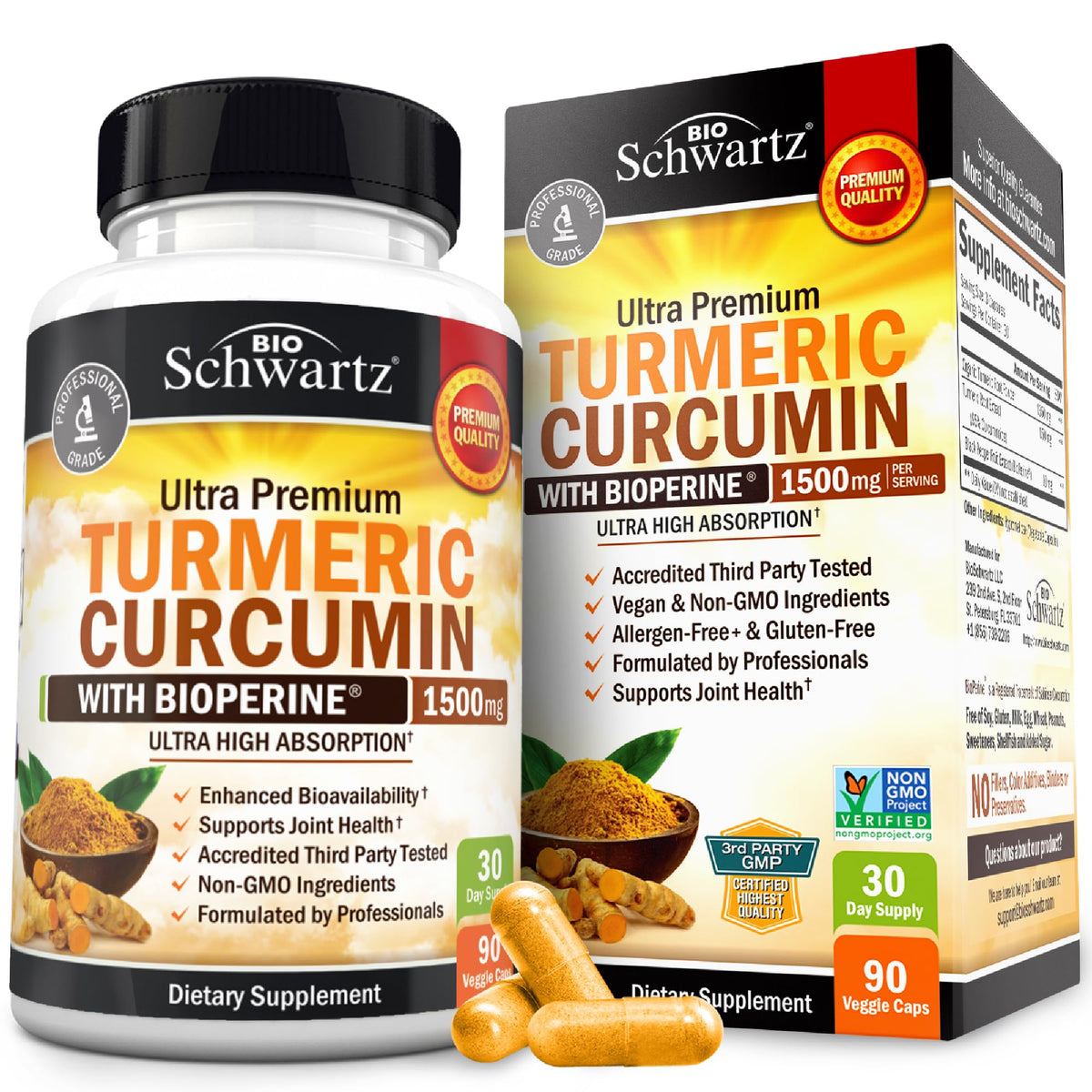 BioSchwartz turmeric curcumin 1500mg bottle highlighting high-potency formula