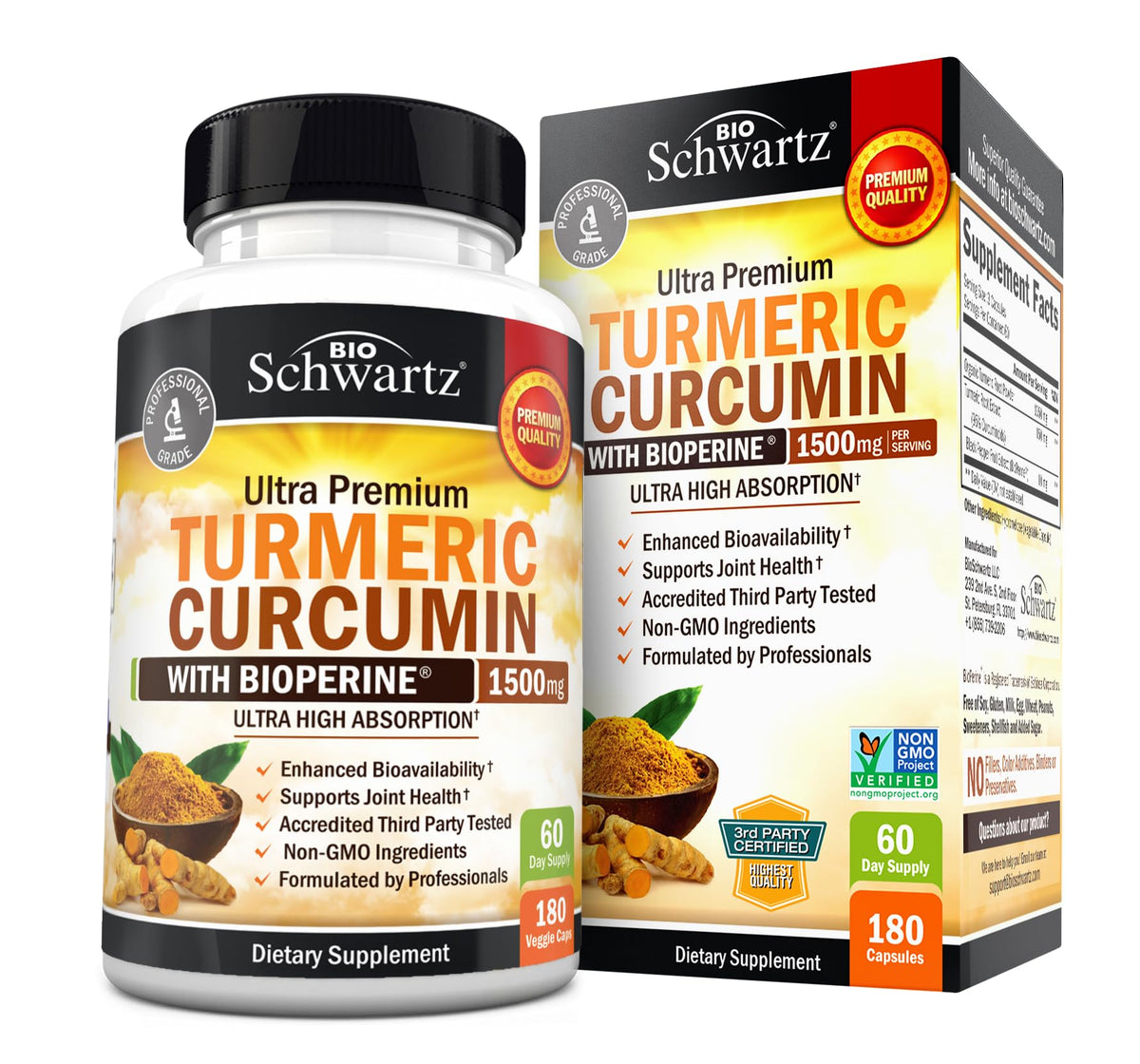 BioSchwartz turmeric curcumin capsules 180-count bottle for daily joint support.