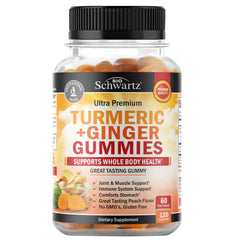 BioSchwartz turmeric curcumin ginger gummies peach bottle front for daily joint support