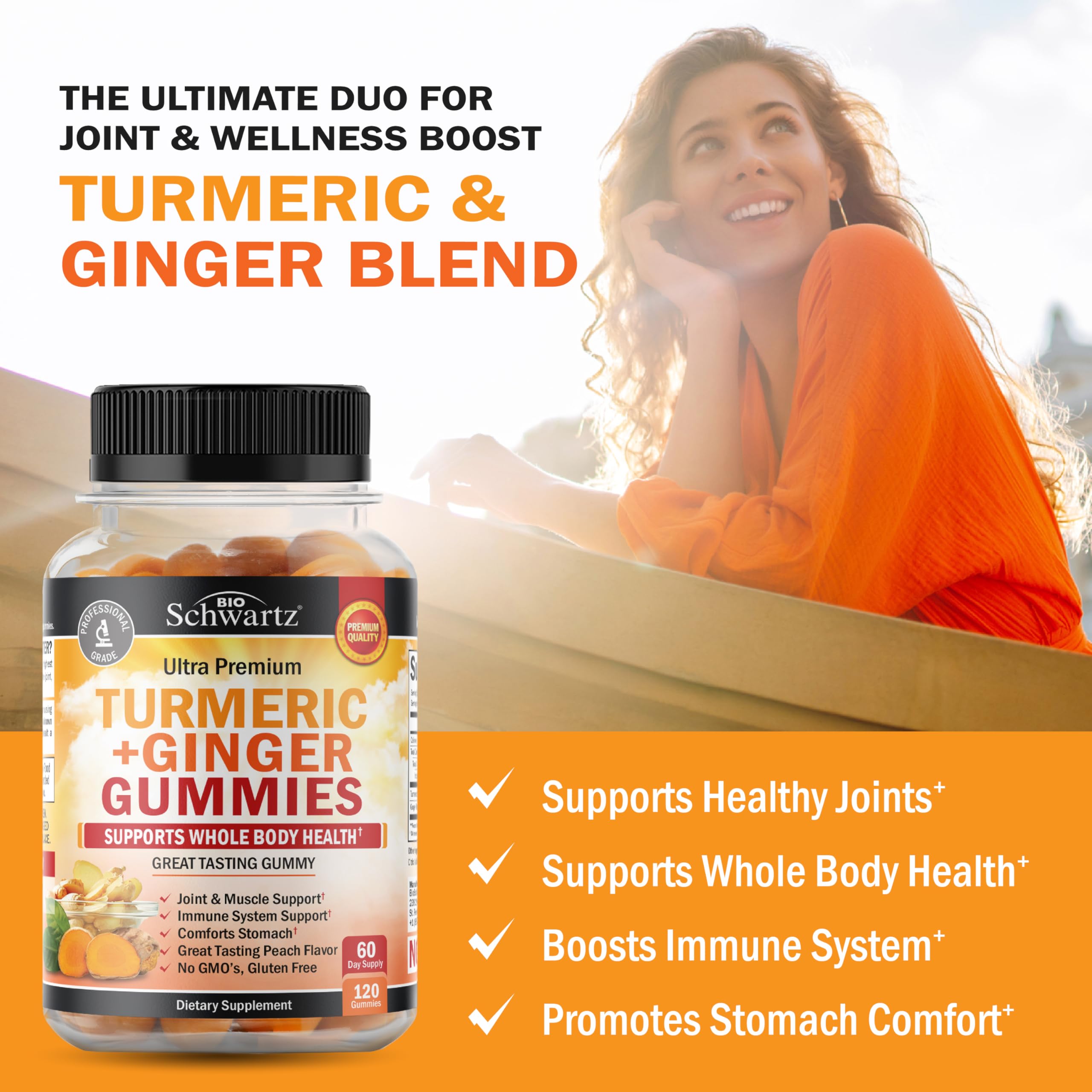 BioSchwartz turmeric curcumin ginger gummies peach bottle side for on-the-go use