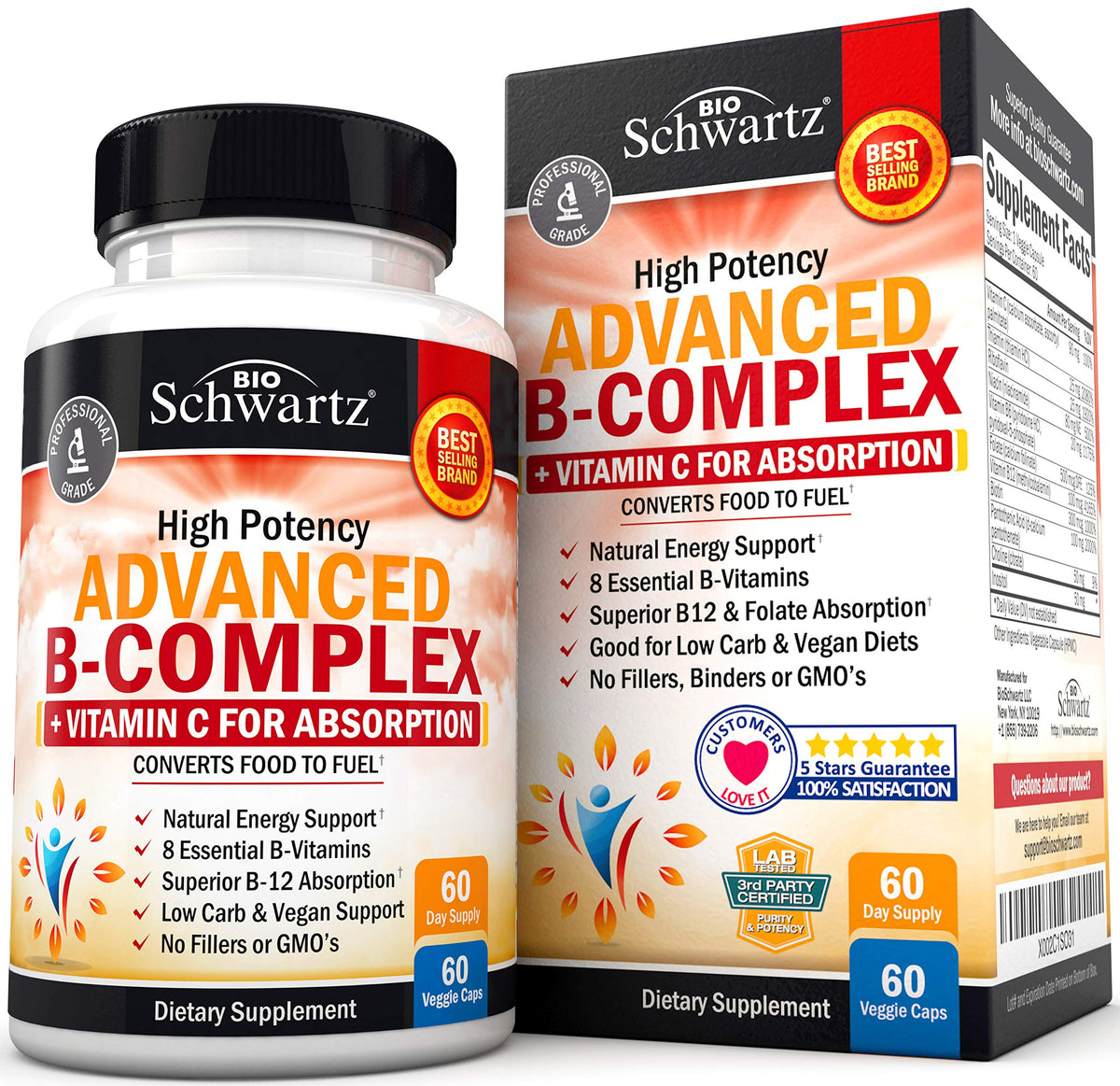 BioSchwartz Vitamin B Complex bottle label showing full B vitamin spectrum for daily energy support