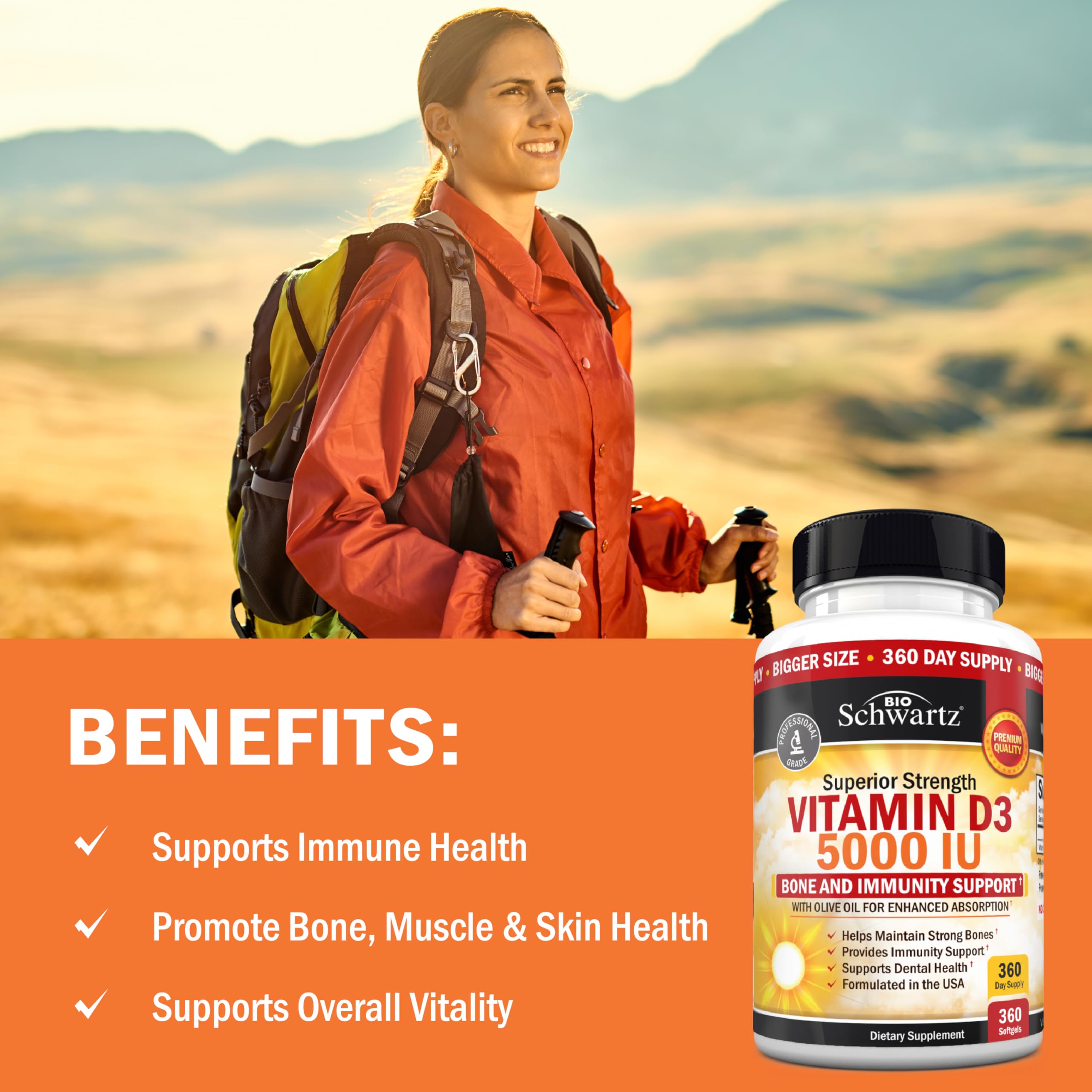 BioSchwartz Vitamin D3 5000 IU label featuring sunshine imagery for bone health