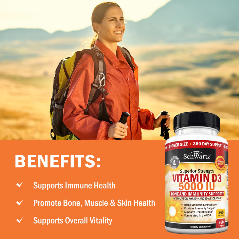 BioSchwartz Vitamin D3 5000 IU label featuring sunshine imagery for bone health