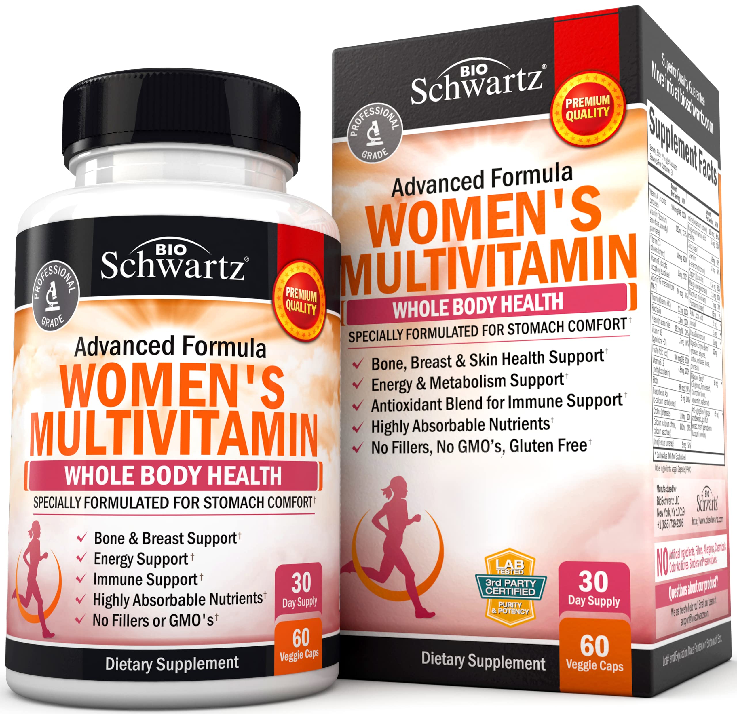 BioSchwartz Women's Multivitamin with D3 bottle front view for daily immune support