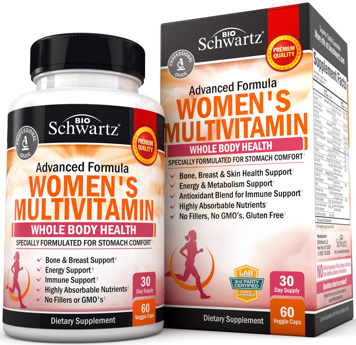BioSchwartz Women's Multivitamin with D3 bottle front view for daily immune support