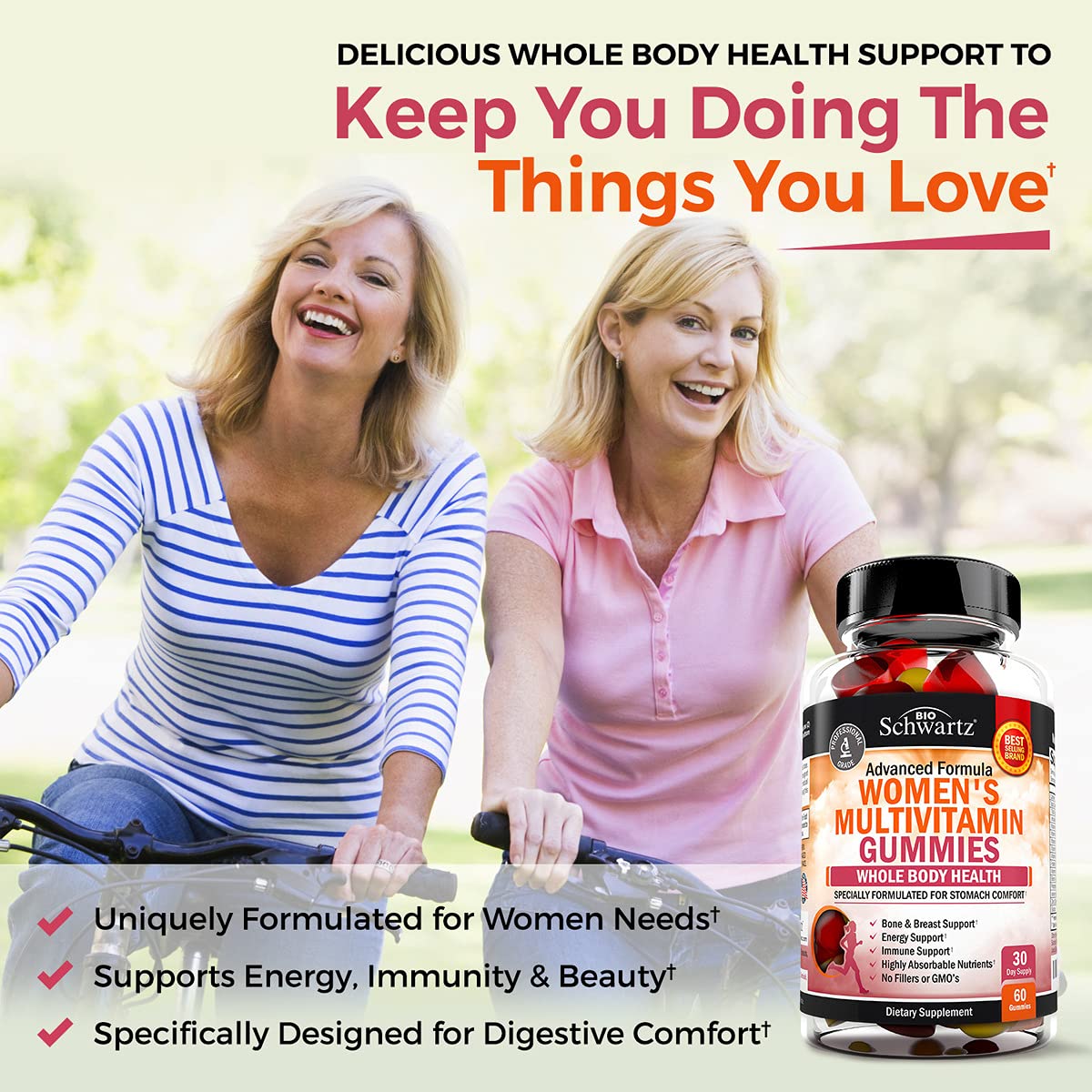 BioSchwartz Women's Multivitamin Gummies bottle back showing ingredients and purity notes