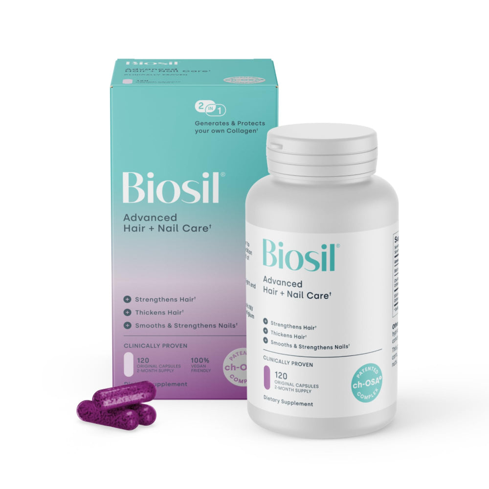 Biosil Advanced Hair and Nail Care bottle with capsules for daily use and visible vitality.