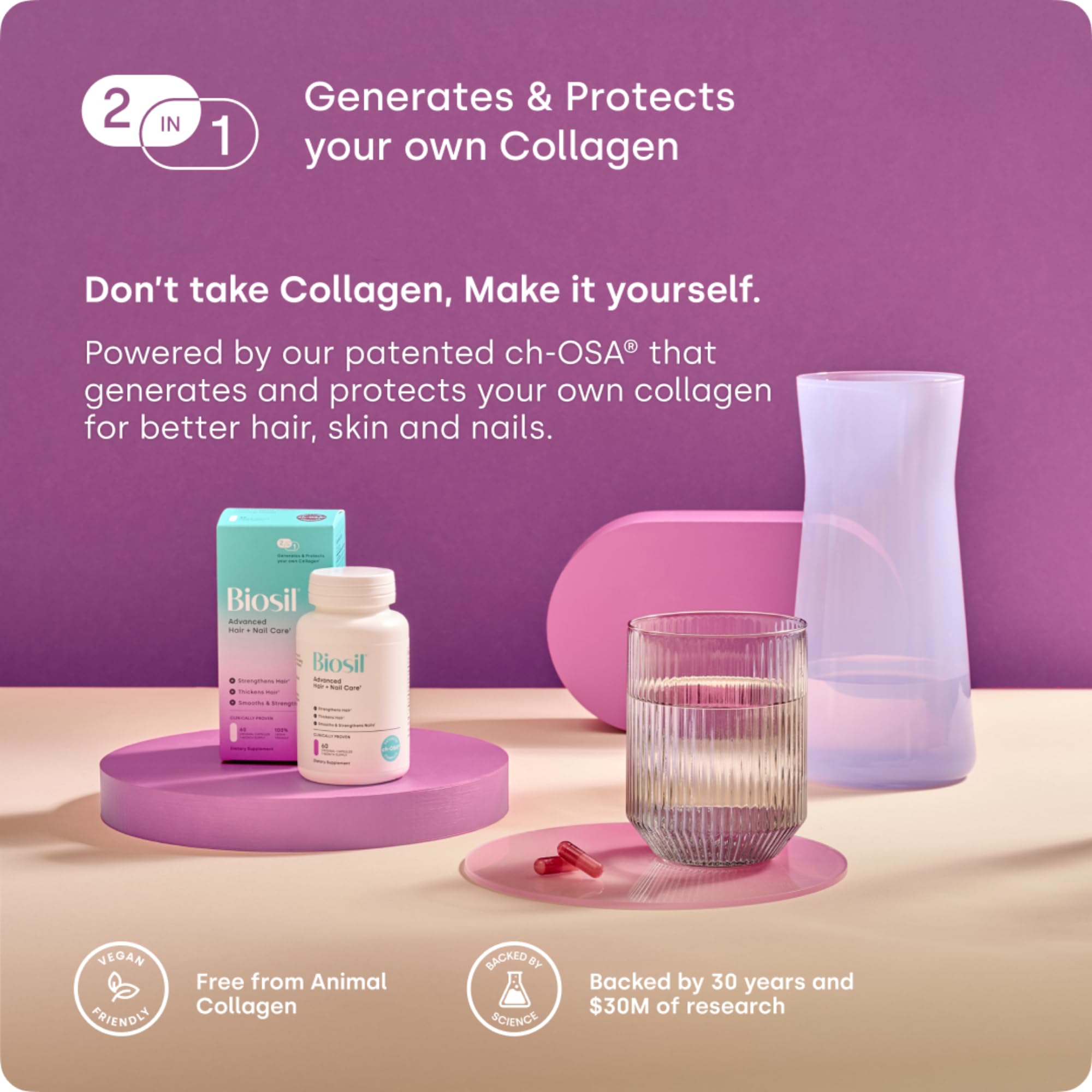 Biosil vegan-friendly formula symbol on packaging for health-conscious users.