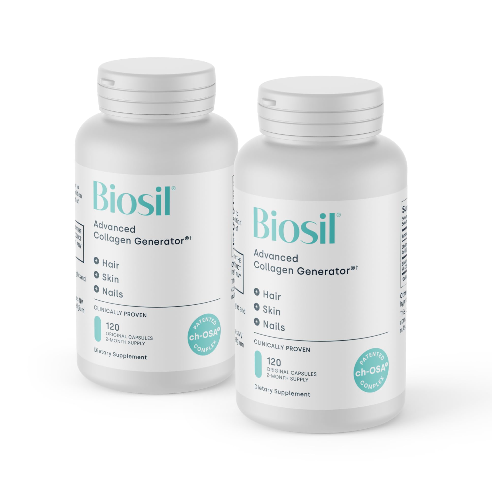 Biosil Collagen Booster bottle front, capsules for skin support.
