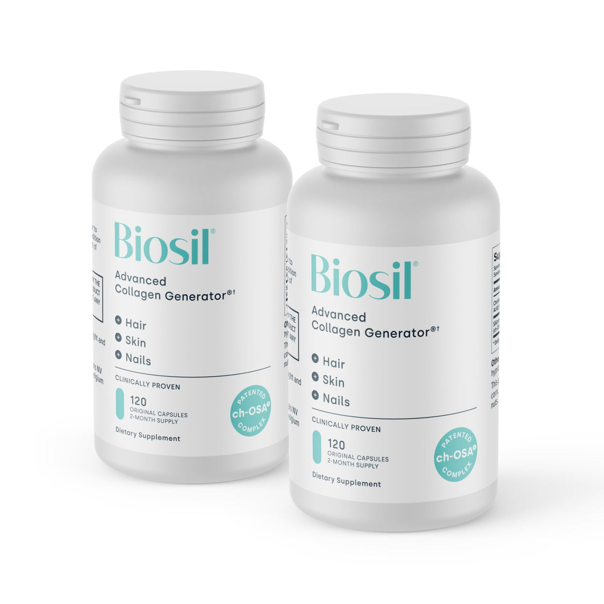 Biosil Collagen Booster bottle front, capsules for skin support.